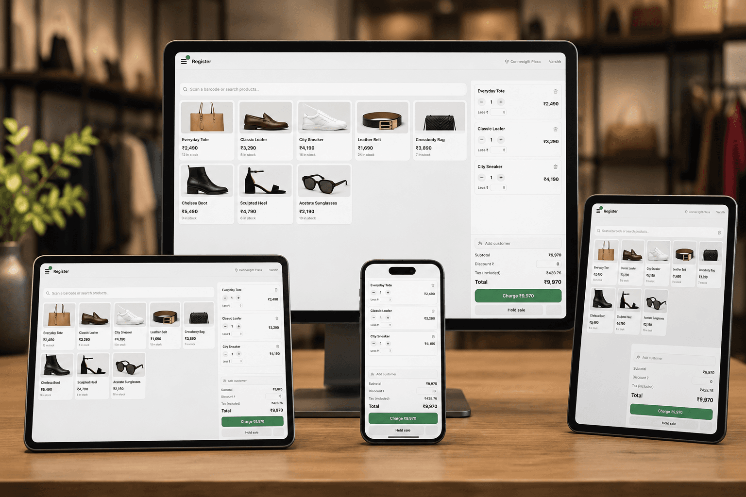 StoreMink Point of Sale running on a desktop, tablet and phone