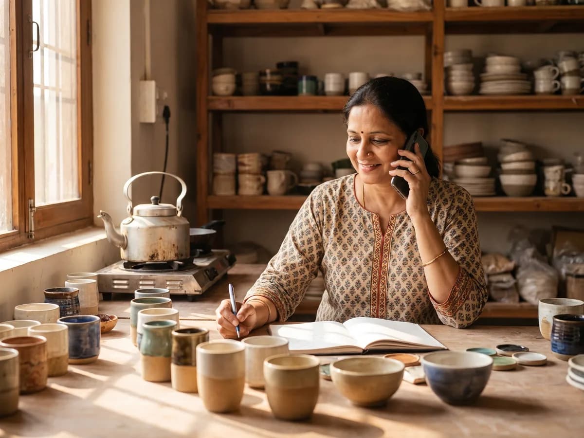 A maker taking a customer's order over the phone