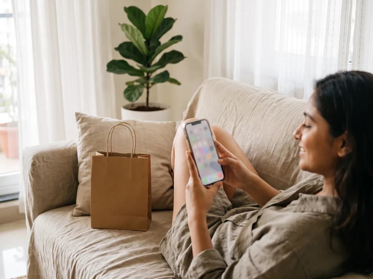 A shopper browsing a store on her phone at home