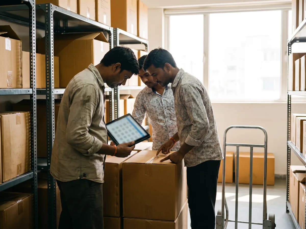 A buyer and a supplier checking cartons in a stockroom