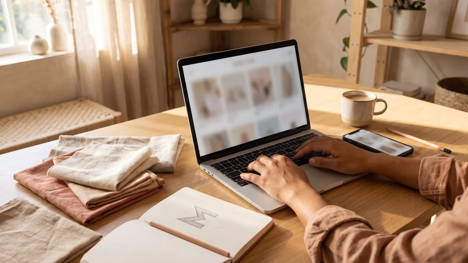 A laptop and a phone on a desk, both showing an online store being built